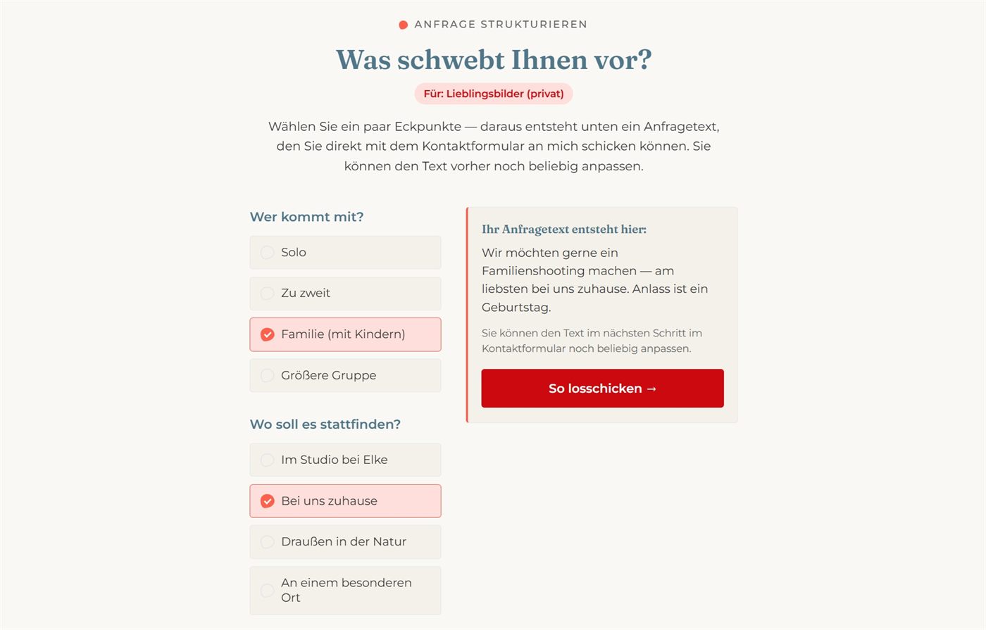 Der Anfrage-Helfer auf em-foto-design.de: links ein paar anklickbare Fragen (Wer kommt mit, wo, welcher Anlass), rechts der daraus entstehende Anfragetext.