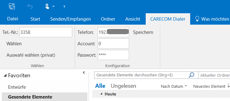 Zrzut ekranu dodatku CARECOM® Dialer do Outlooka